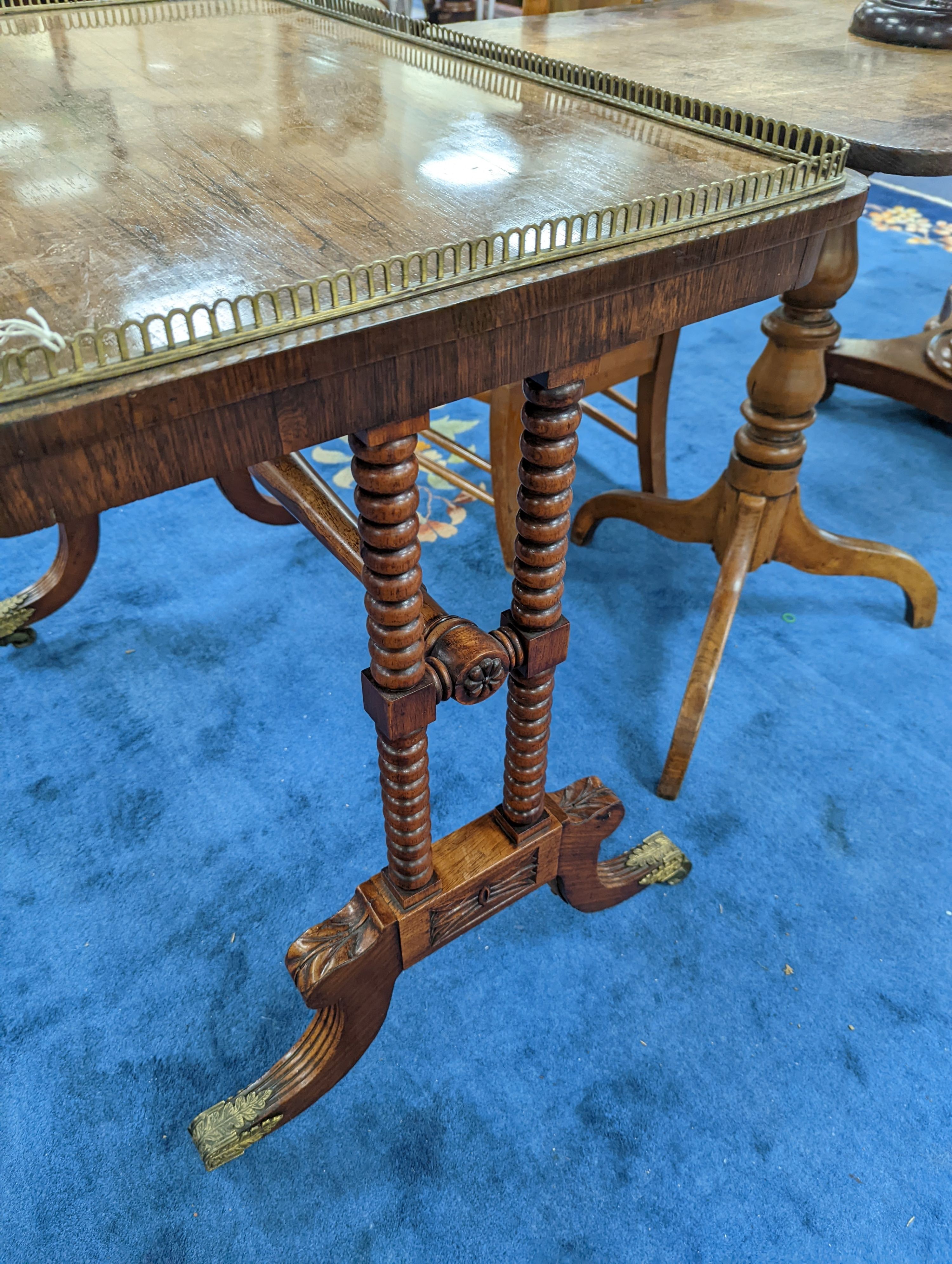 A late Regency rectangular rosewood galleried centre table, width 84cm, depth 52cm, height 74cm